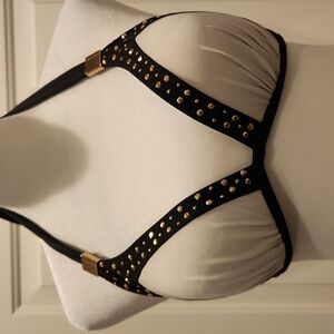 Victoria's Secret Padded White, Black And Gold Halter Bikini Top Size Small